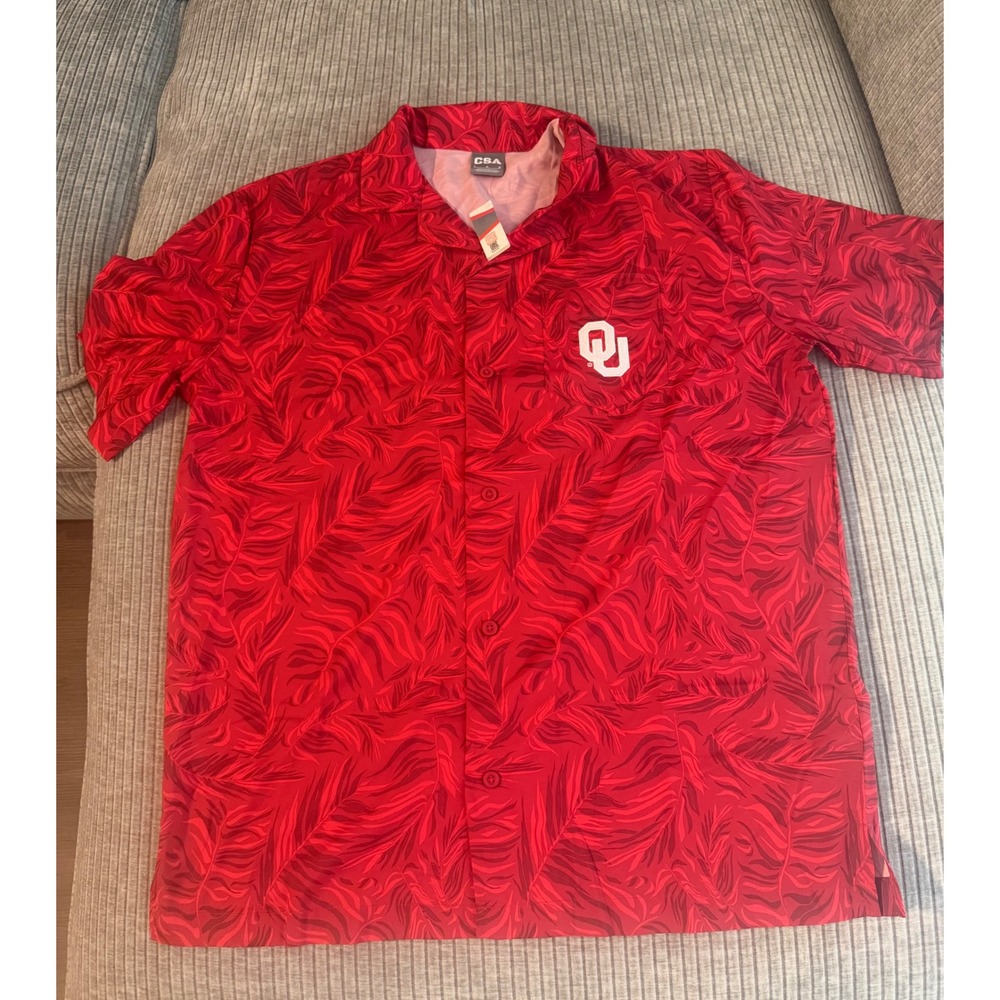 CSA Oklahoma Sooners OU Mens Large Red Tropical Leaf Button Down Camp Shirt NWT